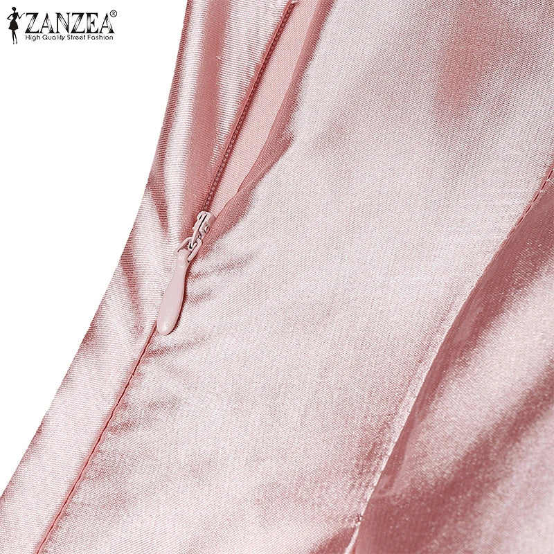 ZANZEA Women's Elegant White Satin Long Dresses Wedding Guest Cocktail Evening Party Dress Square Neck Sleeveless Robes Femme