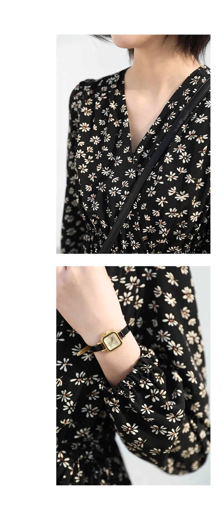 CHIC VEN New Women Dresses Long Sleeved Retro V-neck Black Floral Female Dress Elastic Waisted Lace Up Spring Summer 2026