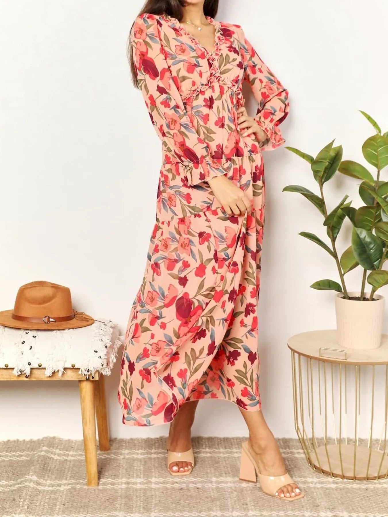 Elegant Floral Print Women Summer Casual Ruffle Layered Long Sleeved V-neck A Line Long Maxi Party Loose Boho Dresses