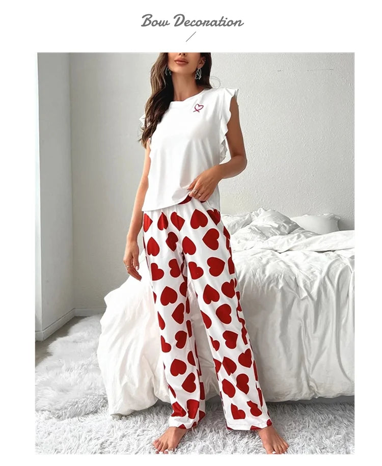 Heart & Letter Printed Womens Pajama Pj Set Soft Short Sleeve Tops & Elastic Waist Pants Pyjama Pijama Femme Casual Home Clothes