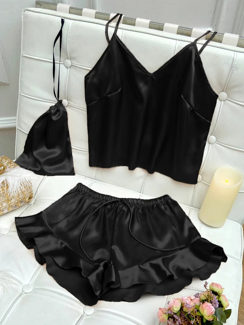 Fashion Sexy Underwear Set Women's 2 Pieces Sleepwear Pyjamas Silk Satin Bellyband Cami Top and Shorts Pajamas for Women Pijamas