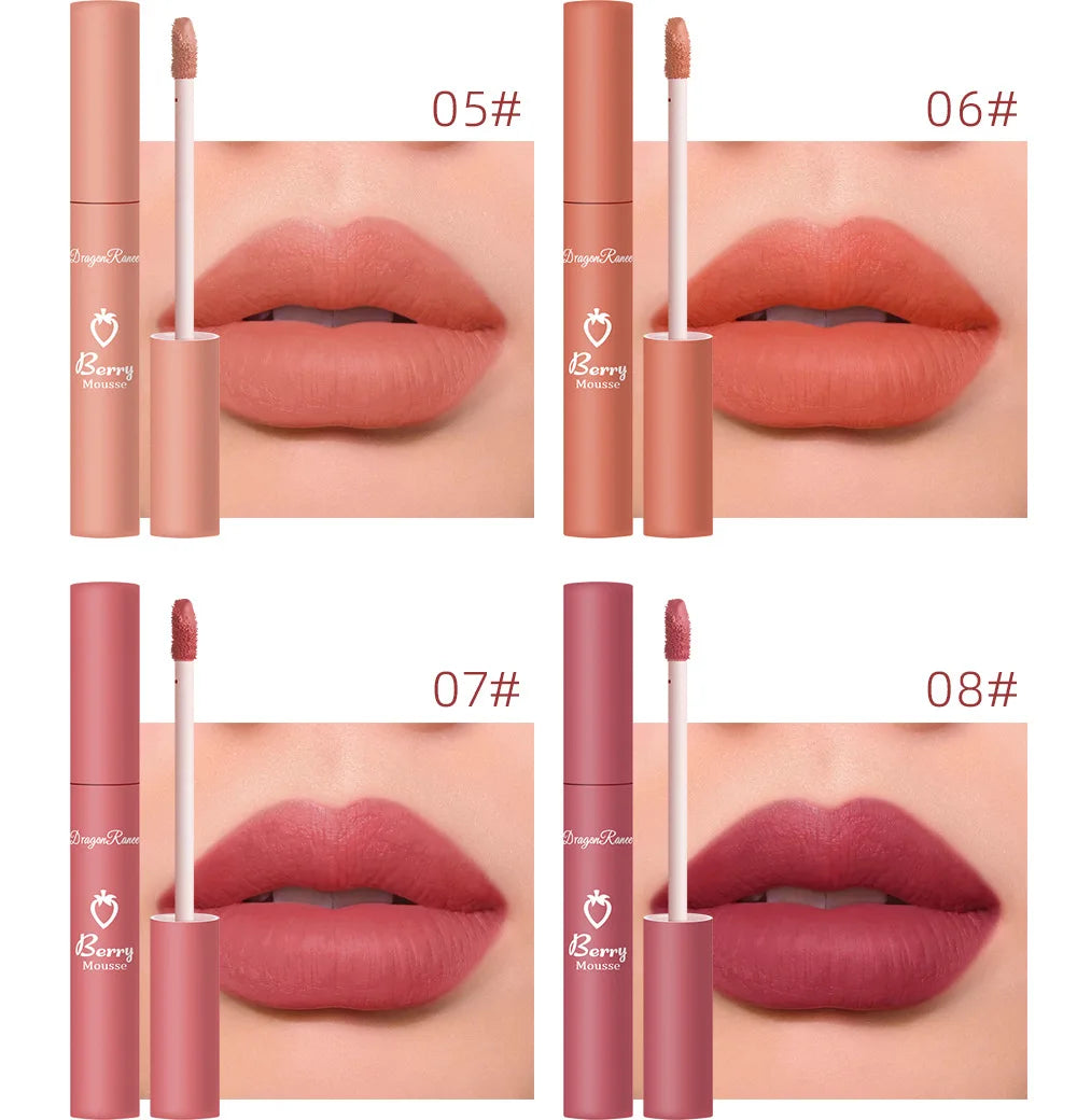 Dragon Ranee 12 Color Matte Lip Gloss Velvet Texture Waterproof Moisturize Lip Gloss Lasting Non-stick Cup Fashion Cosmetics 5ml