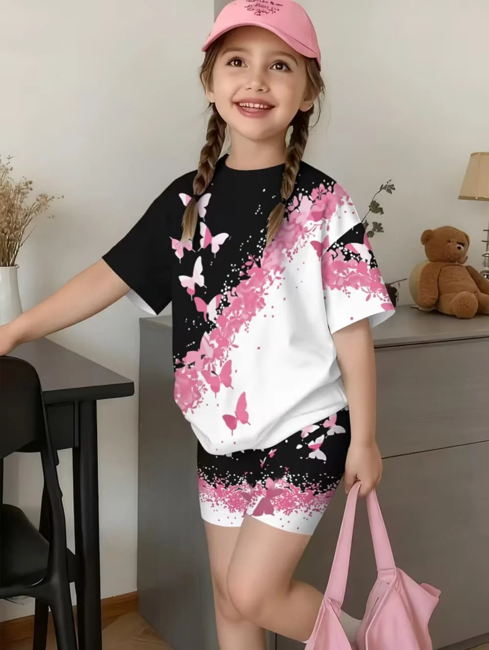 2-Piece Summer Children's Comfortable Cute Butterfly 3D Print Short Sleeve Shorts Set for Boys and Girls Casual Home Outdoor Set