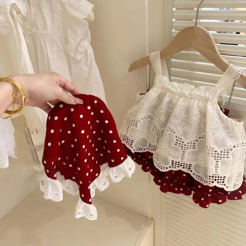 2026 New Strap Little Red Riding Hood Set Summer Cute Girl Hook Flower Western Style Tank Top Polka Pants Skirt Three Piece Set
