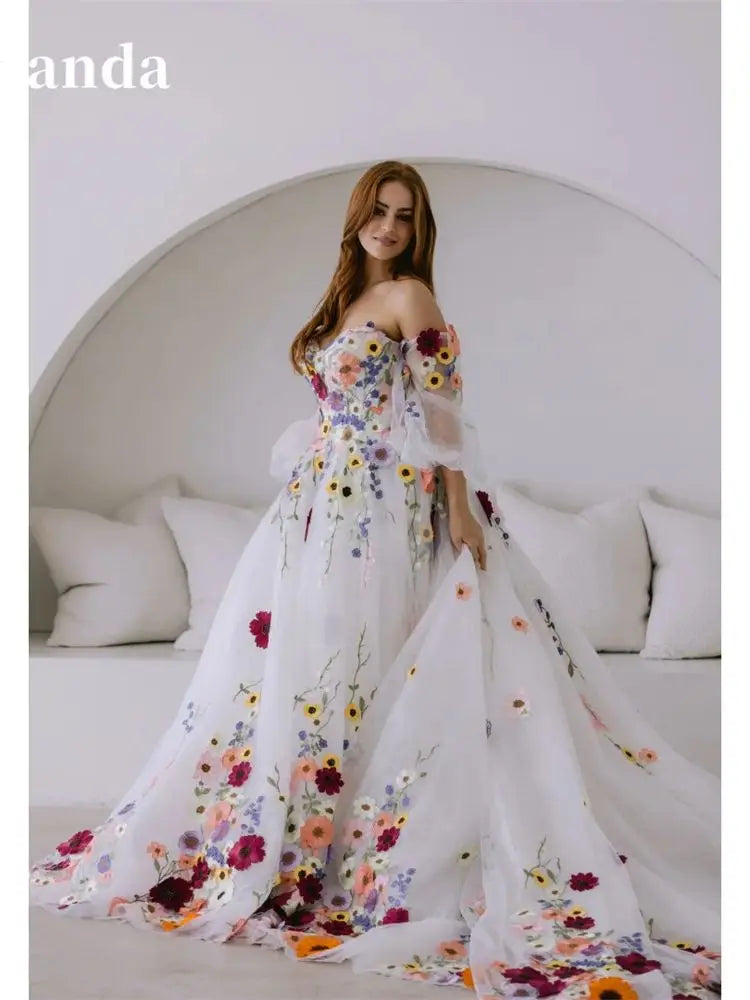 Amanda Customized Flowers Lace Embroidery Tulle Fabric Prom Dress Detachable Train vestidos de fiesta A-line فستان حفلات الزفاف