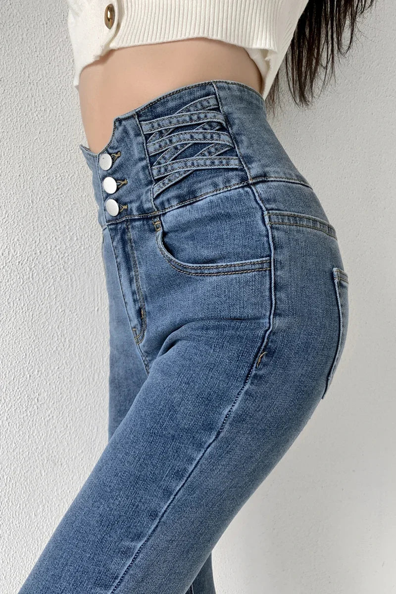 Skinny Pencil Y2K Jeans Four Buttons Vintage High Waist Women Slim Stretch Denim Pants Tight Trousers 2025 Women's Denim Pants