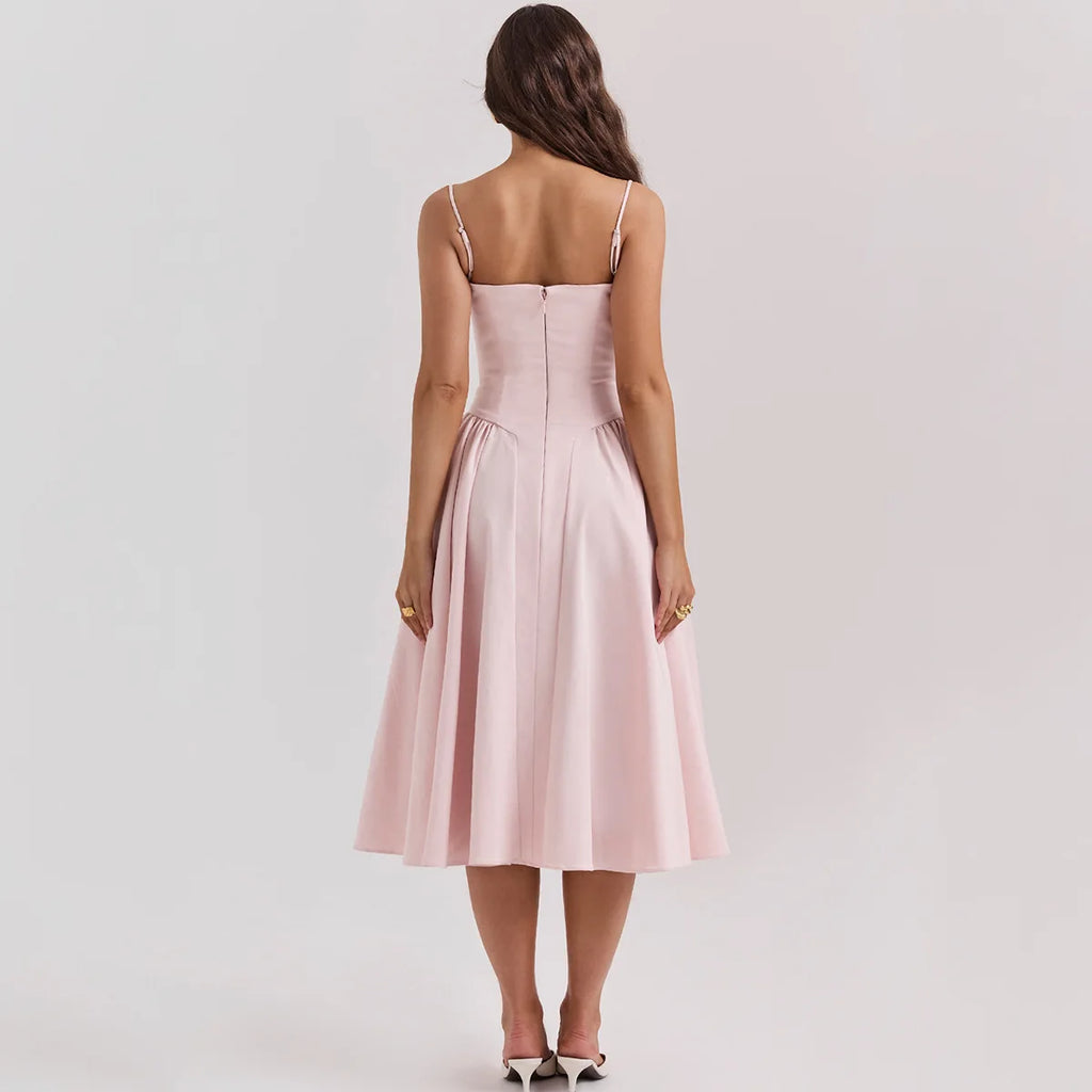 Summer Women Elegant Sleeveless Backless Pleated Dresses Lady Sexy Solid Sling Midi Dress 2024 Female Party Evening A-line Robes