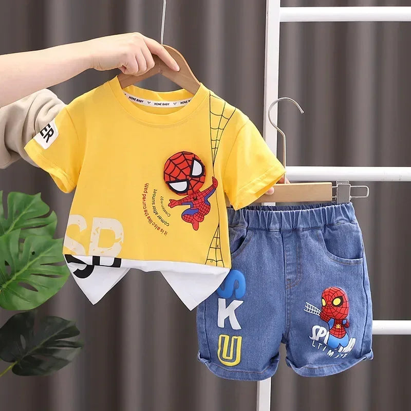 2025 Summer Baby Boys Spiderman Short Sleeve T-shirt+Jeans Sets Clothes Kids Fashion Clothing Outfits Children Sports Suits