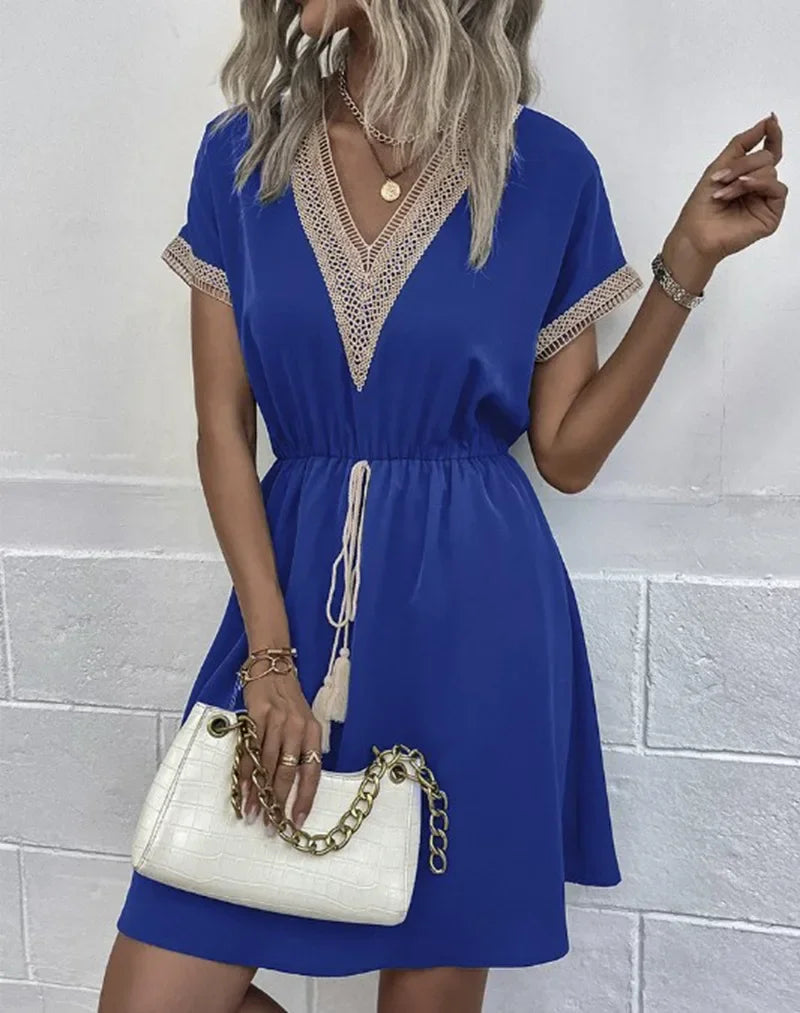 Summer Solid Short Sleeve Lace V Neck Waistband Female Beach Midi Short Dress Elegant Women's Sweet White Solid Color Dresses