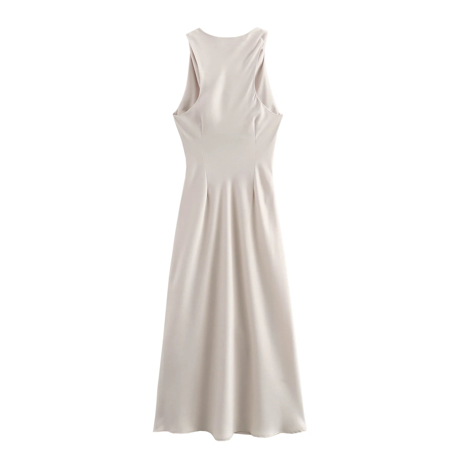 XNWMNZ 2024 Women's Fashion Satin Midi Dress Women High Street O Neck twisted armholes Waist Gathered Fit female Midi Dresses