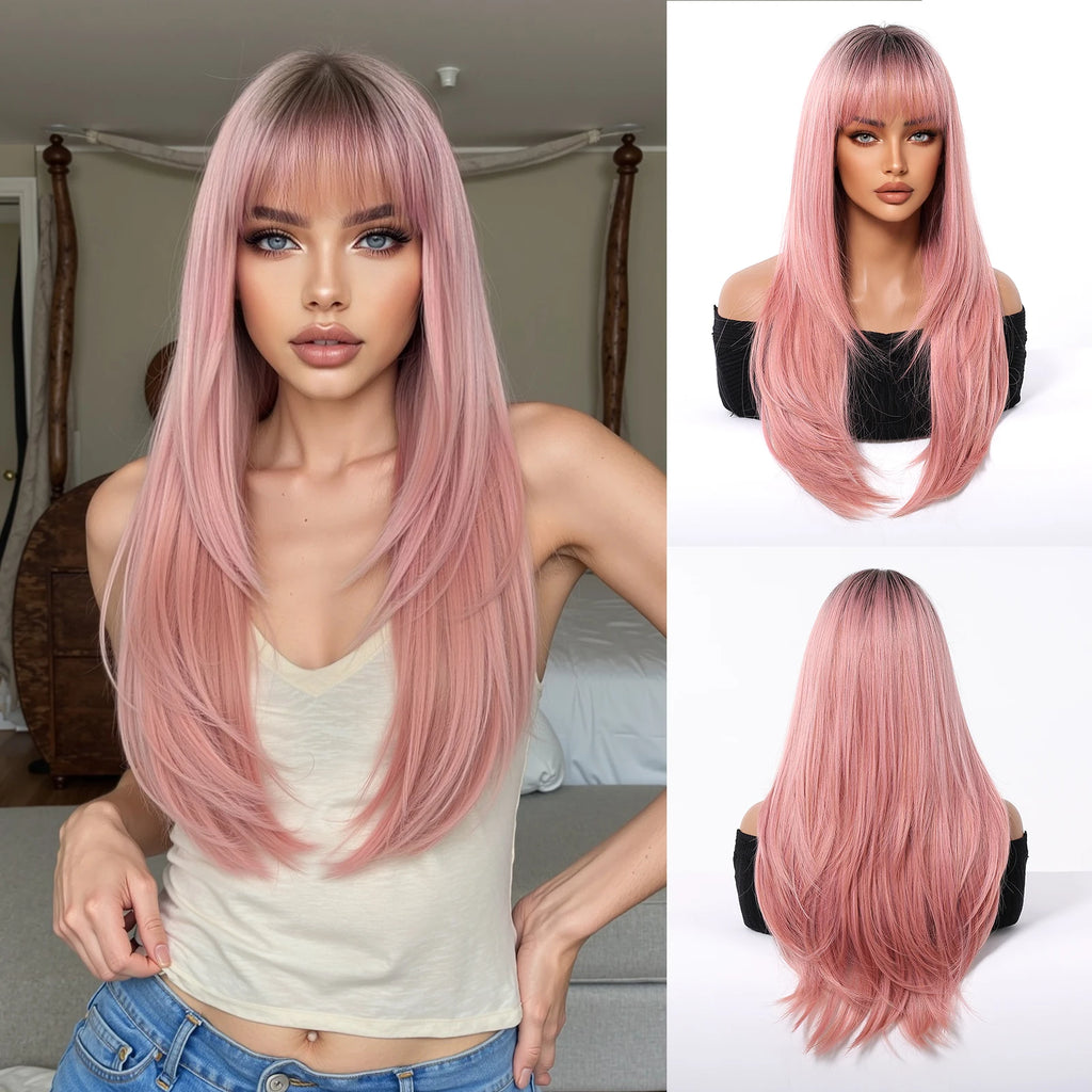 ALAN EATON Long Brown Highlight Synthetic Wigs Layered Straight Hair Wig Realistic Fake Hair for Daily Wear High Temperature Wig