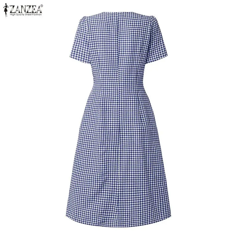 Women Summer Plaid Dress 2026 ZANZEA Elegant Square Neck Short Sleeve Midi Dresses Casual Work Vestidos Stylish Holiday Sundress