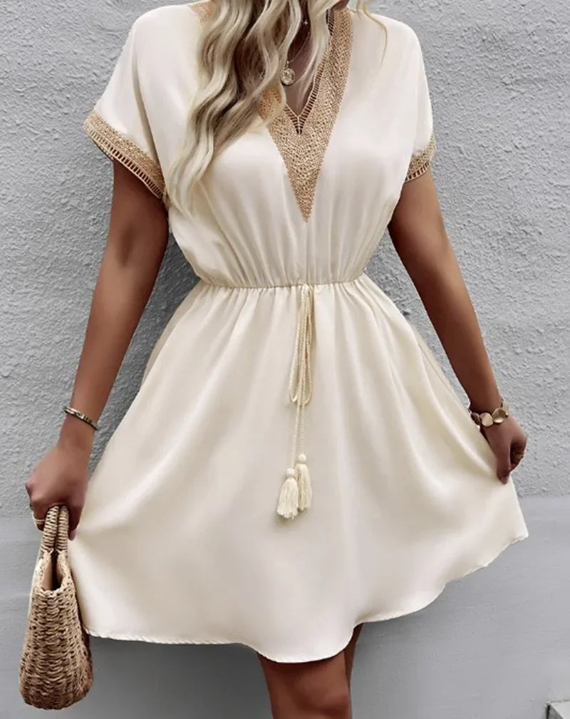 Summer Solid Short Sleeve Lace V Neck Waistband Female Beach Midi Short Dress Elegant Women's Sweet White Solid Color Dresses