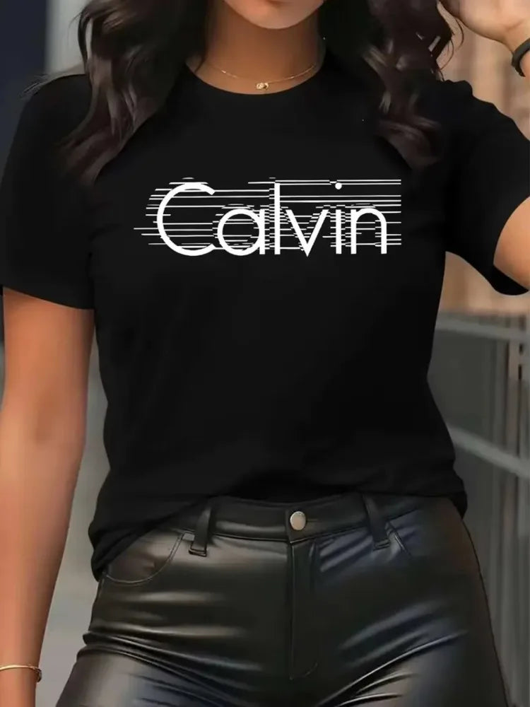 Calvin Women's Leisure Fashion Short Sleeve Tees Comfortable Streetwear Minimalist Design Fit Harajuku Sleeve Aesthetic Clothes