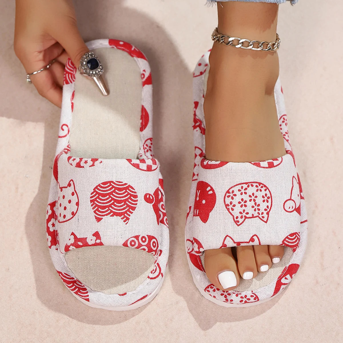 Ladies' Animal Patterned Linen Slippers Cute Cat Design Indoor Summer Spring Autumn Comfortable Footwear Random Print