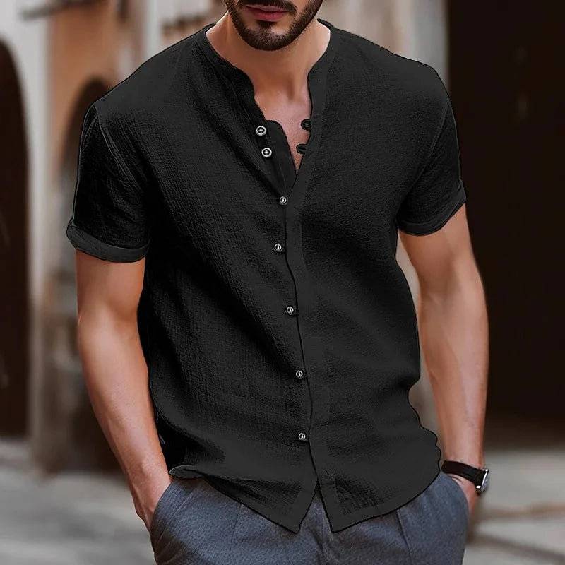 Men's Simple Texture Linen Round-neck Short-sleeve Button-down Solid-color Shirt, Comfortable and Casual Summer Daily Top