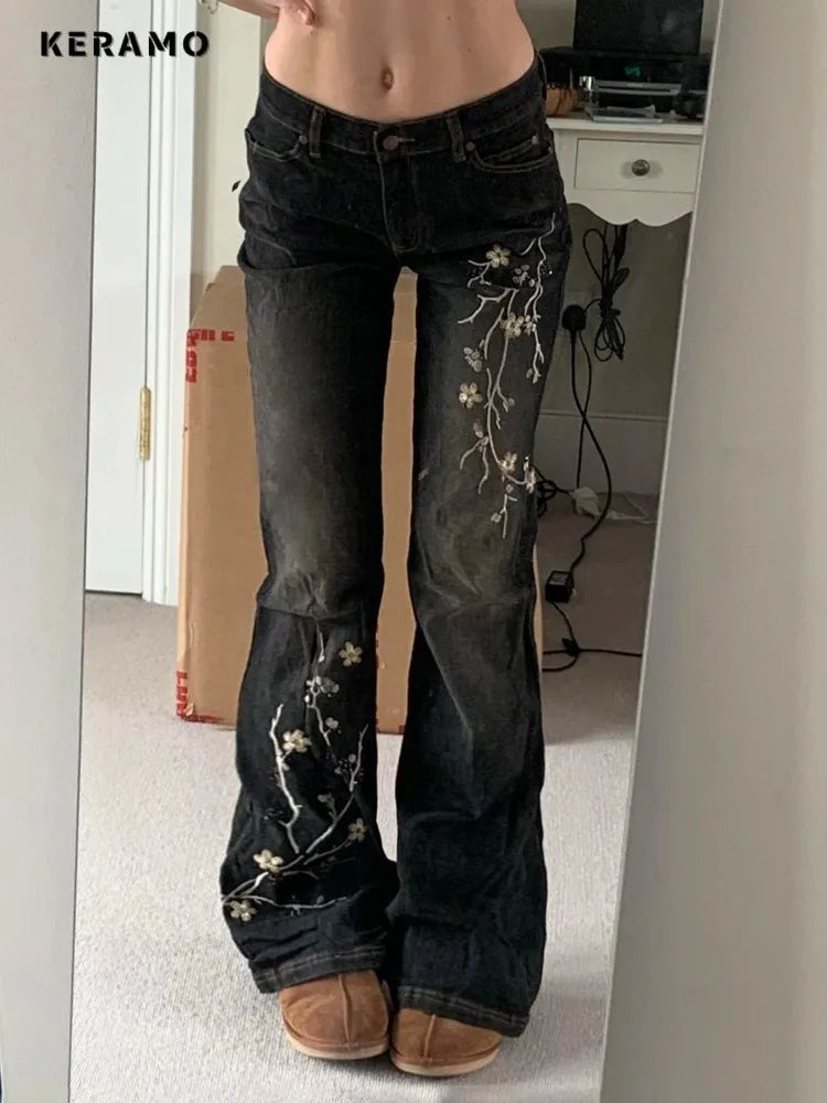 Weekeep Floral Embroidery Jeans Vintage 2000s Low Rise Flared Jeans Women Retro y2k Baggy Denim Pants High Street Basic Trousers