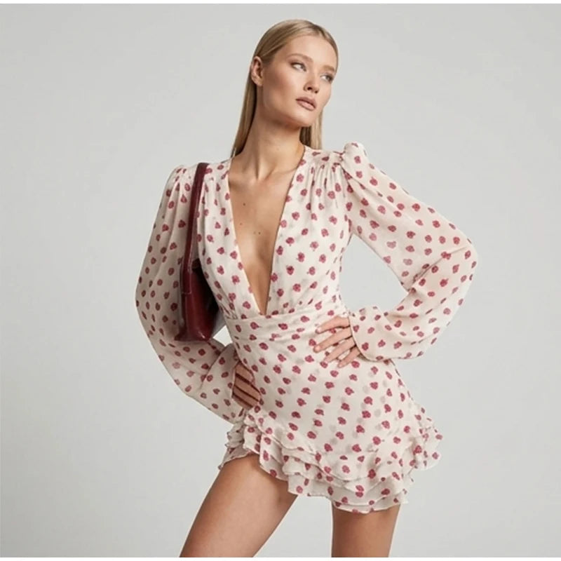 Elegant Floral Printed Mini Dress Women V-neck Short Sleeves Waist-cinching Ruffle Hem Dresses 2026 Lady Summer Vacation Gowns