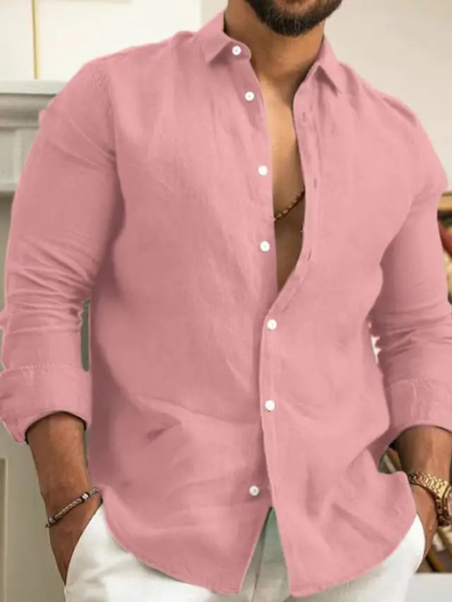 Solid Color Cotton Linen Plain Shirt Men Classic Button-up Lapel Long Sleeve Shirts Spring/ Summer Fashion Loose Mens Top Shirts