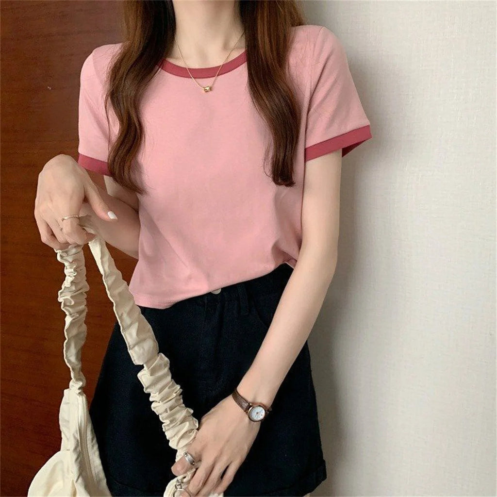 Fashion Patchwork T-shirts Women Basic Tee Casual Oversized Tops Quality Unisex Short Tshirts Tees Girl Summer Clothing Tops