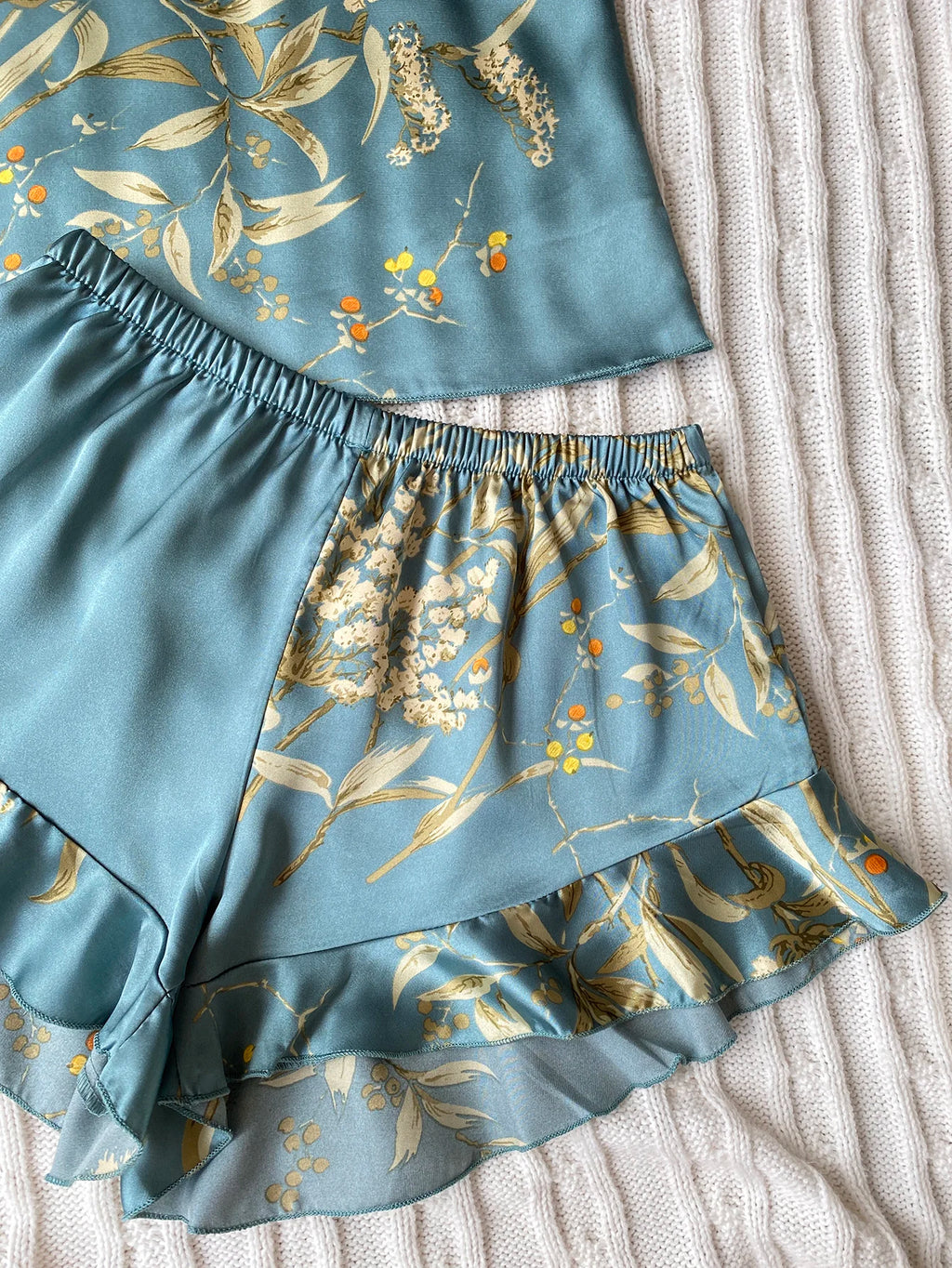 Elegant Floral Print Cami Tops Ruffle Hem Shorts Pajama Set  Women's Sleepwear Loungewear