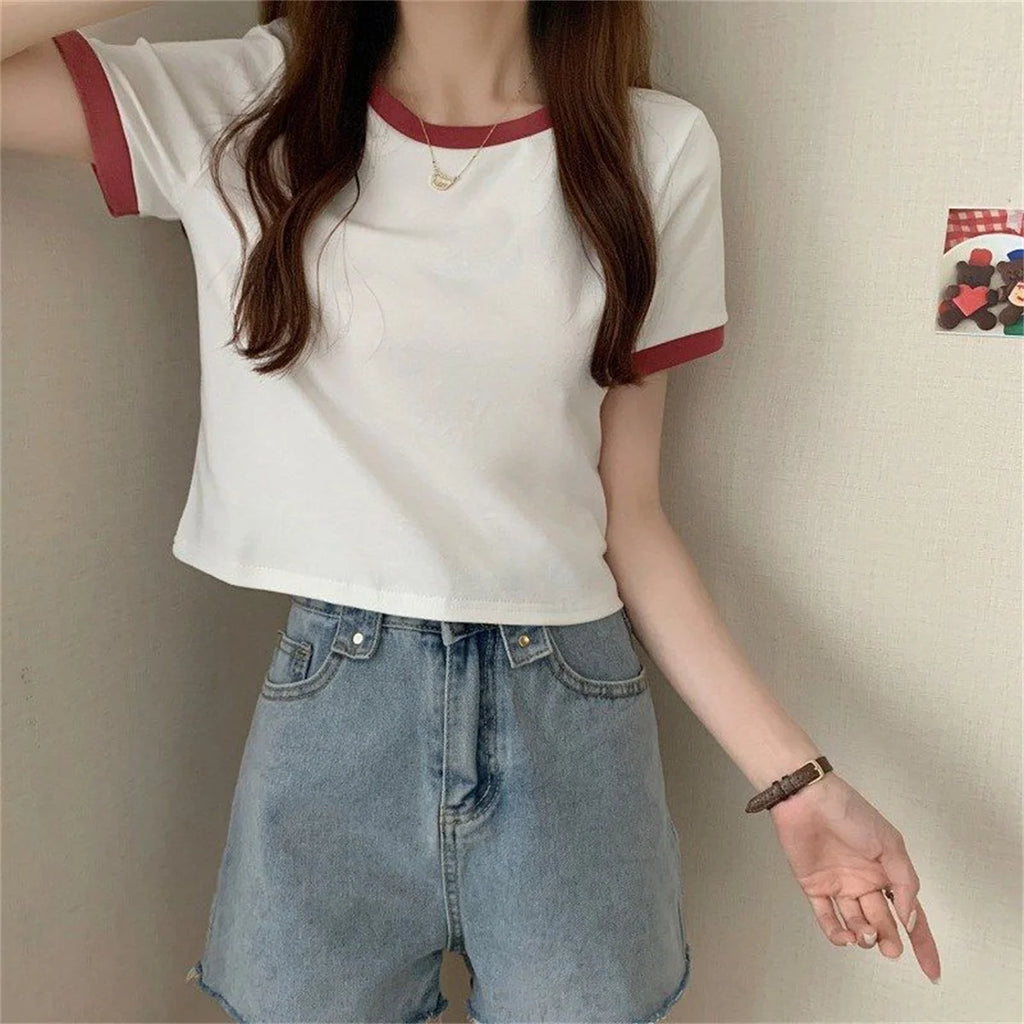 Fashion Patchwork T-shirts Women Basic Tee Casual Oversized Tops Quality Unisex Short Tshirts Tees Girl Summer Clothing Tops