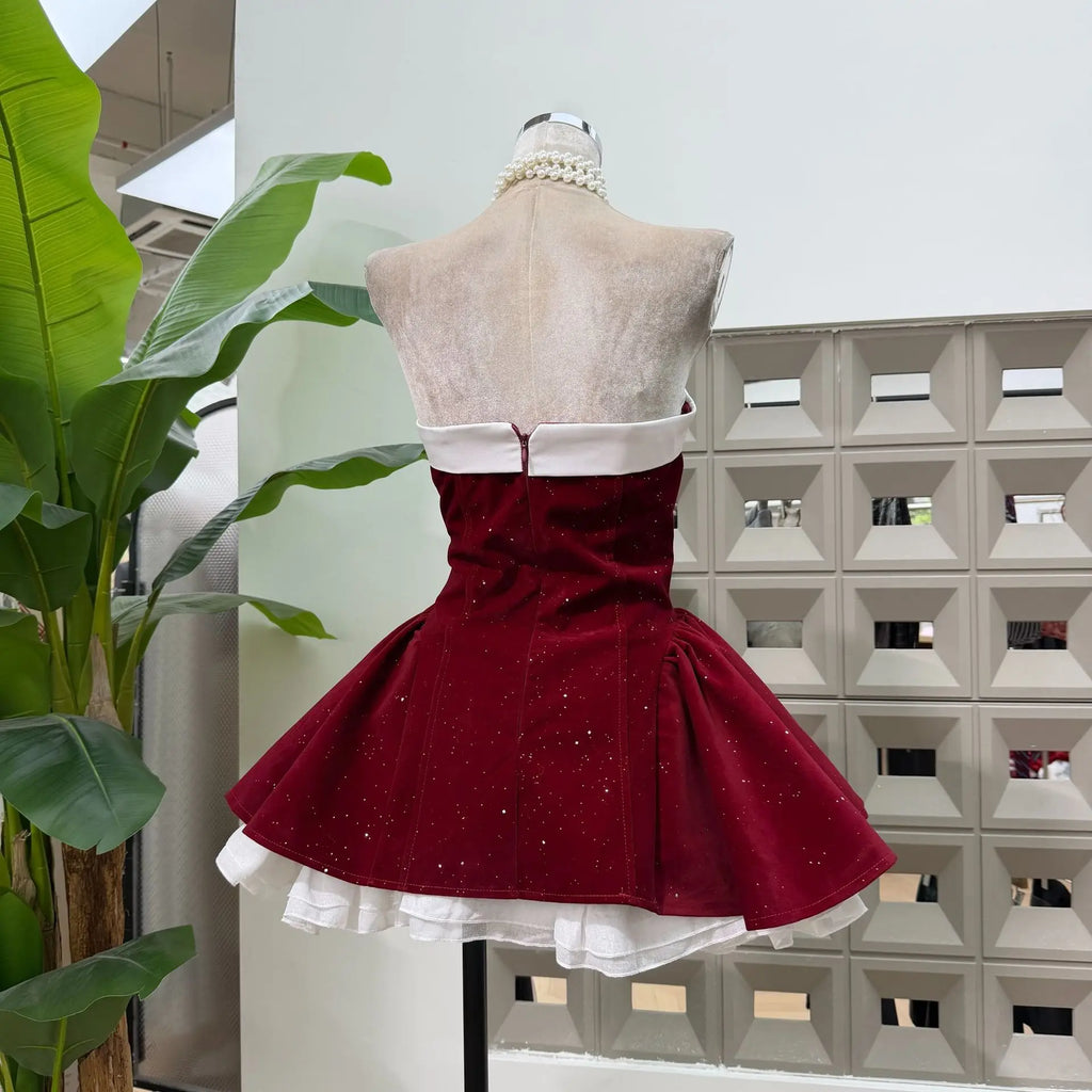 Women Sexy Strapless Backless Polka Dot Bow A Line Dress Party Birthday Evening Ball Gowns Nightclub Show Wear Fashion Vestido