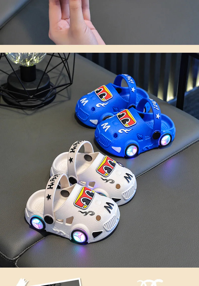 Children's Slippers 2026 Summer New Boys' Car Shaped Wheels Will Light Up Anti Slip Soft Bottom Baby Beach Slippers