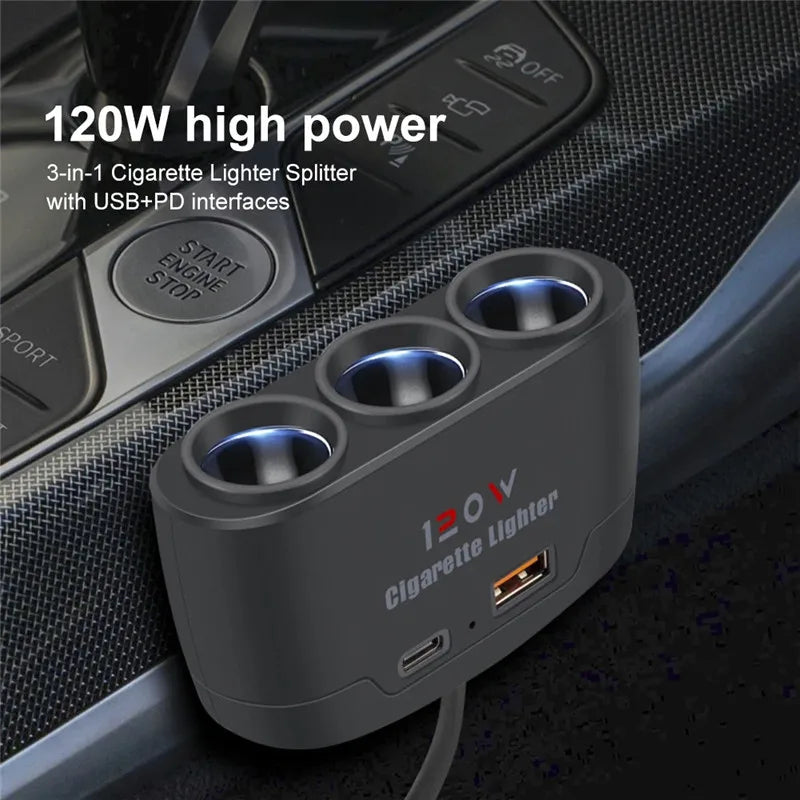 3 in 1 USB Type C Socket 120W Car Cigarette Lighter Splitter 12V 24V Fast Charger Phone Power Adapter for Car DVR GPS Dashcam