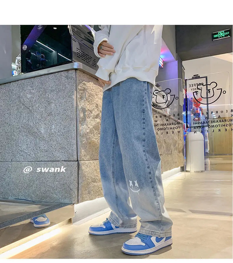 Harajuku Smile Print Baggy Pants Men Streetwear Wide Leg Oversize Jeans Vintage Y2k Straight Long Trousers Male 2024 Fashion