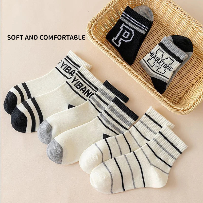 5 Pairs Letter Children Boys Sports Socks High Quility Cotton Combed Comfortable Soft Sweat Absorbing Elastic Mid-calf Kids Sock