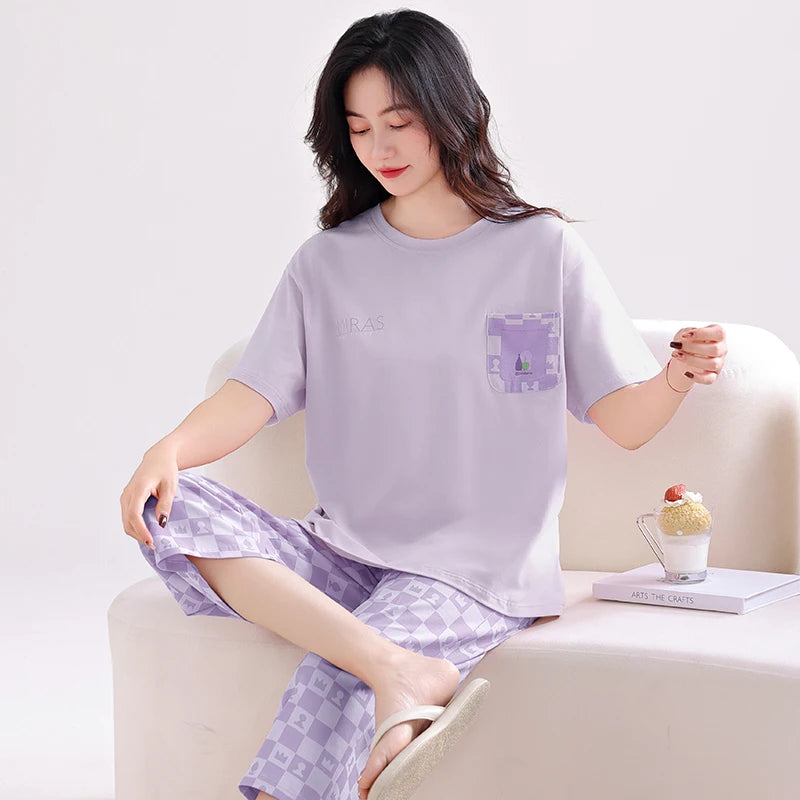 Newest Summer Casual Pajamas Set Women 100% Cotton Sleepwear Female Short Top+Calf-Length Pant Pyjamas