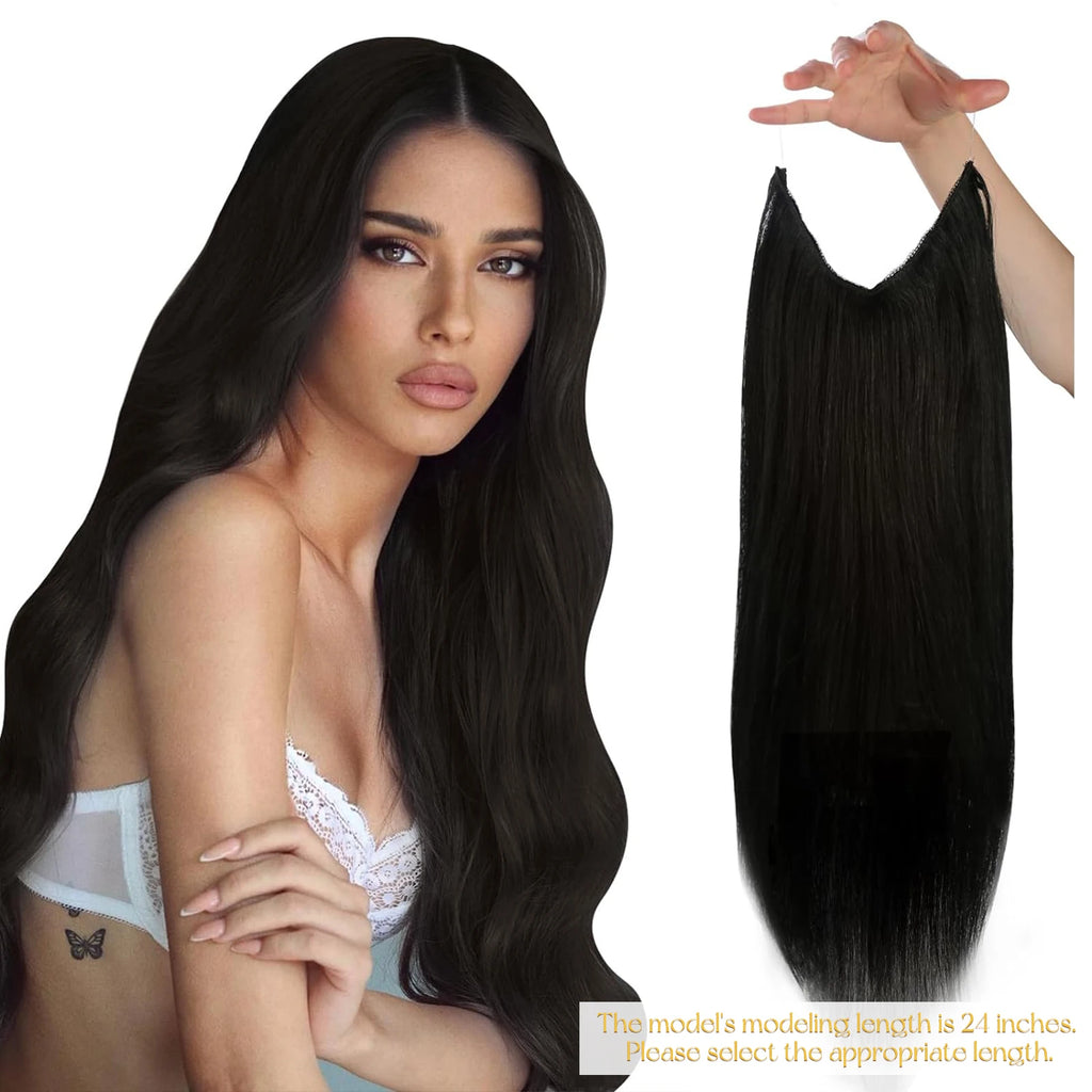 VeSunny Fish Line Human Hair Extension Wire Natural Hair One Piece Invisible Wire Hair Weft with 2 Clips Blonde Soft Remy Hair