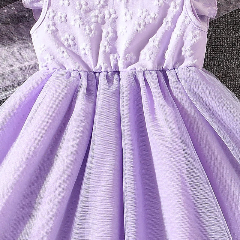 Kids Princess Dress For Girls O-Neck Wing-Sleeve Bowknot Floral Print Embroidery 4-7 Years Summer Sweet Birthday Party Clothing