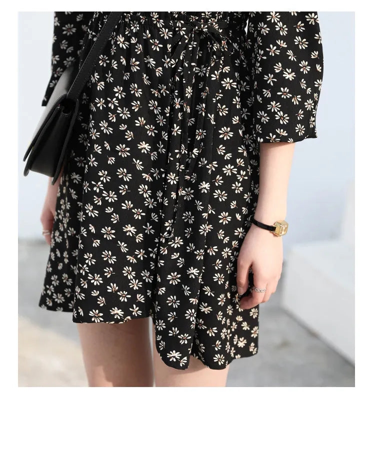CHIC VEN New Women Dresses Long Sleeved Retro V-neck Black Floral Female Dress Elastic Waisted Lace Up Spring Summer 2026