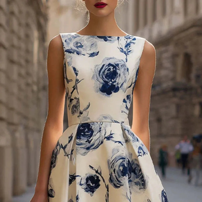 Elegant Floral Print Slim Long Dress Womens Boho Office Sleeveless Round Neck A-Line Dress Summer High Waist Pleated Party Dress
