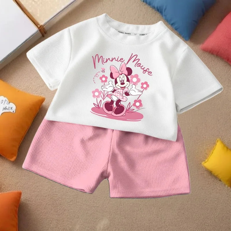 DISNEY Children's Casual T Shirt and Shorts 2pcs Sets Cute Minnie Printed Girls Fashion Outfits Summer Kids Outdoor Shorts Set