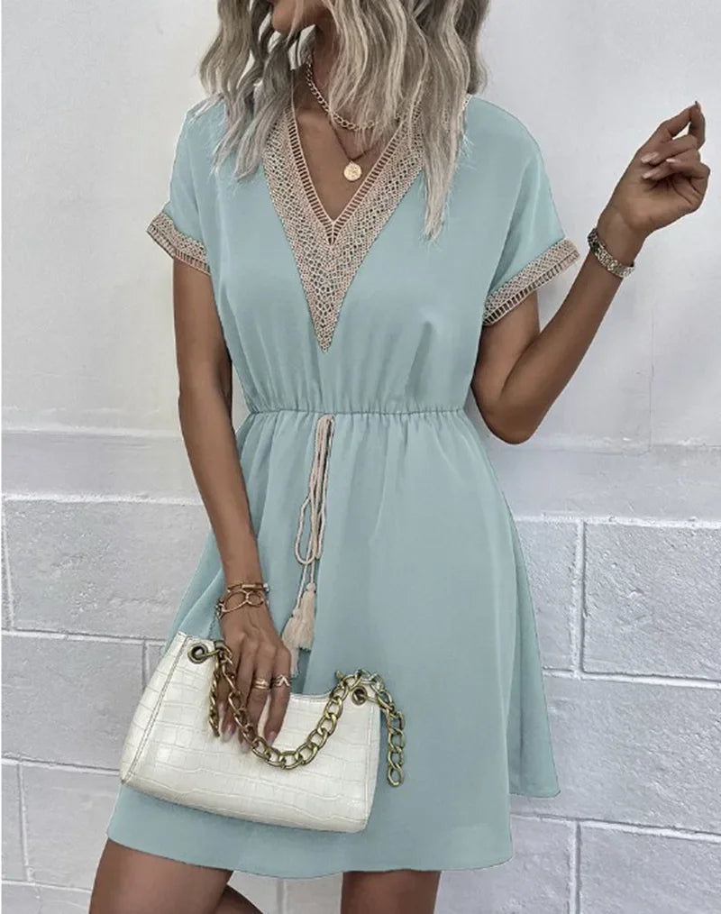 Summer Solid Short Sleeve Lace V Neck Waistband Female Beach Midi Short Dress Elegant Women's Sweet White Solid Color Dresses