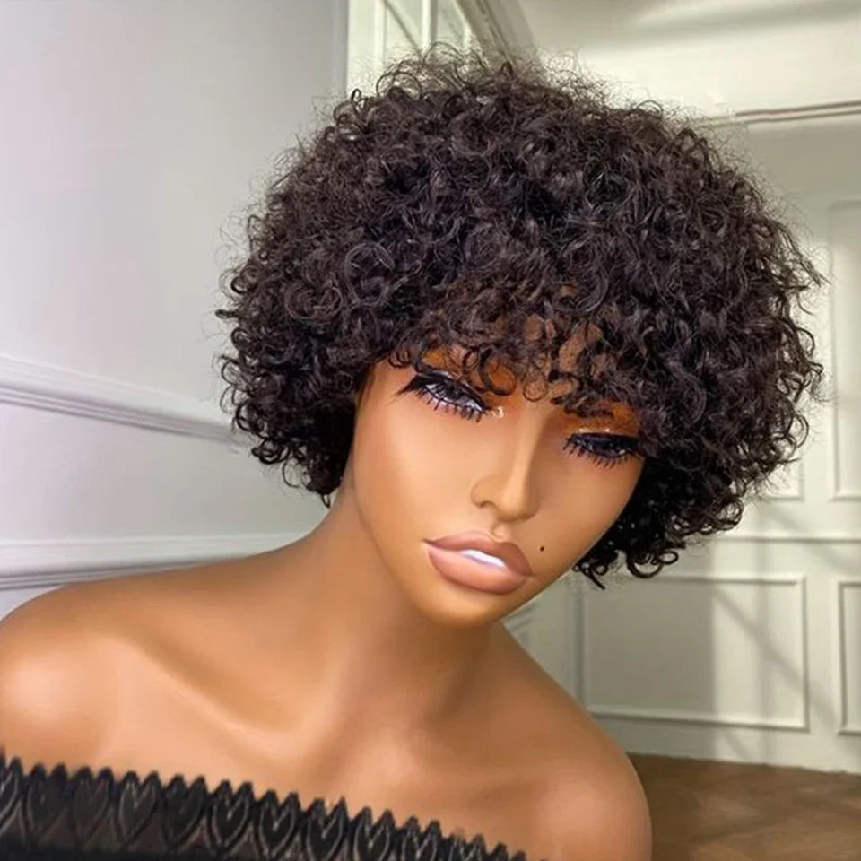 Brazilian Short Bob Pixie Afro Kinky Curly Wigs With Bangs For Black Women Natural Brown 99J Full Machine Made Human Hair Wigs