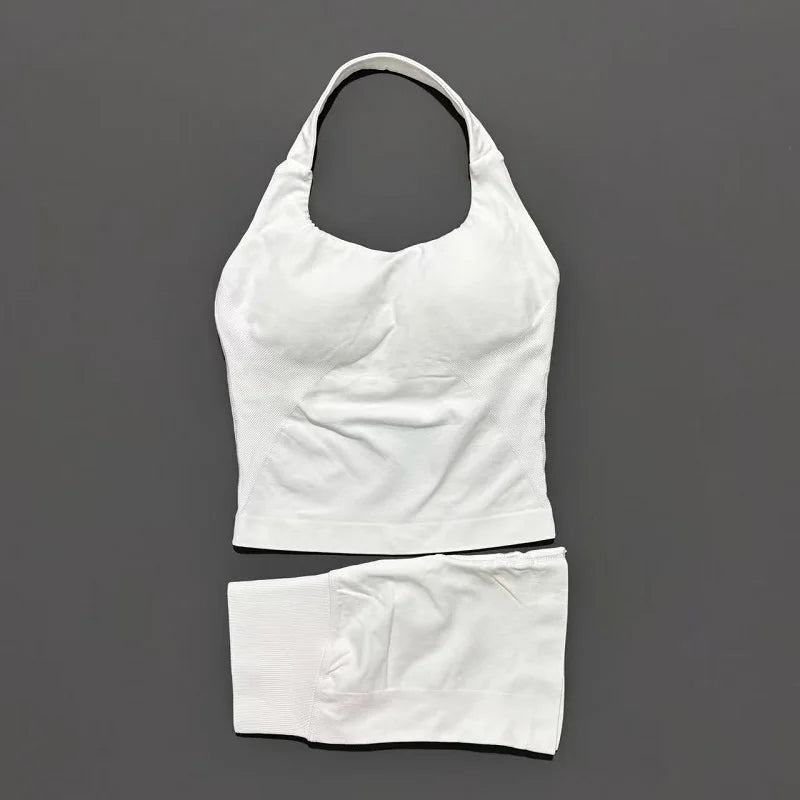 2 Peice Histello Sports Set Women Seamless Halter Top Longline Strappy Padded Scrunch Shorts Set Yoga Suit Gym Workout Sets