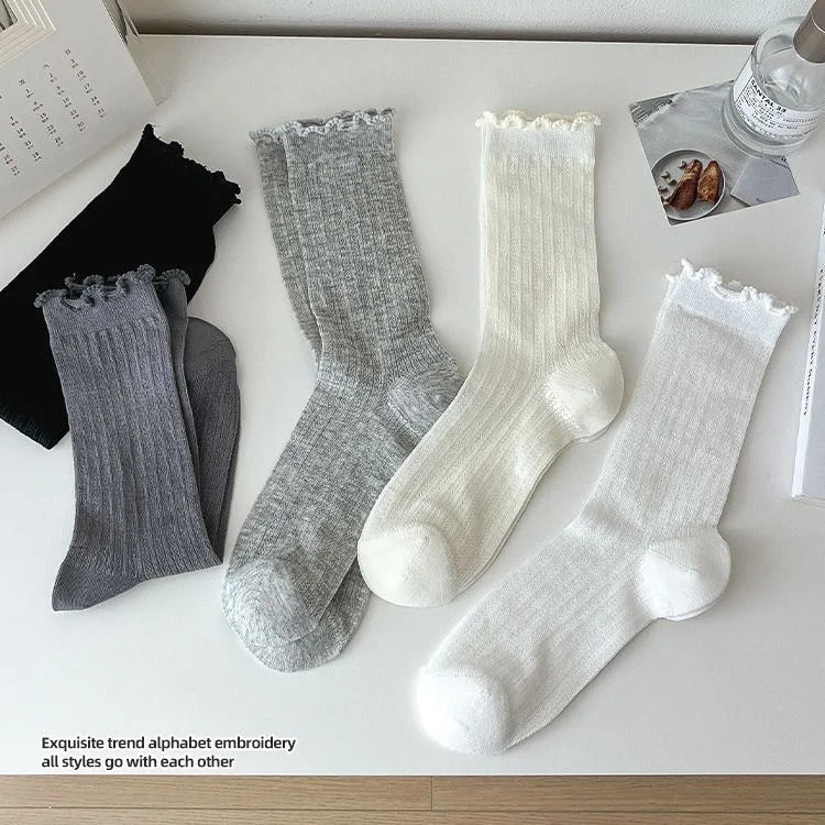 5 Pairs/Lot Women Hollow Mesh Tube Socks Ear Fungus Edge Socks Ins Trendy Spring Summer Loose Mouth Thin Style Girls Pile Socks