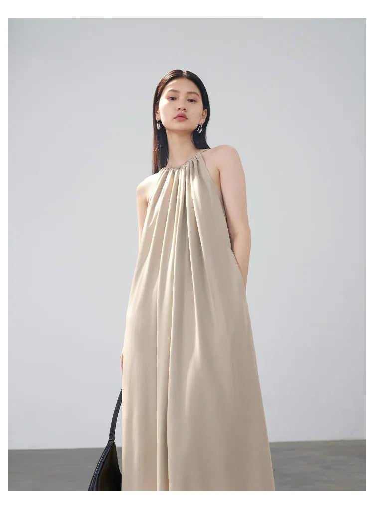 CHIC VEN Women Halter Dress A Line Solid Loose Casual Lace Up Black Sleeveless Holiday Female Long Dress Pullover Summer 2026