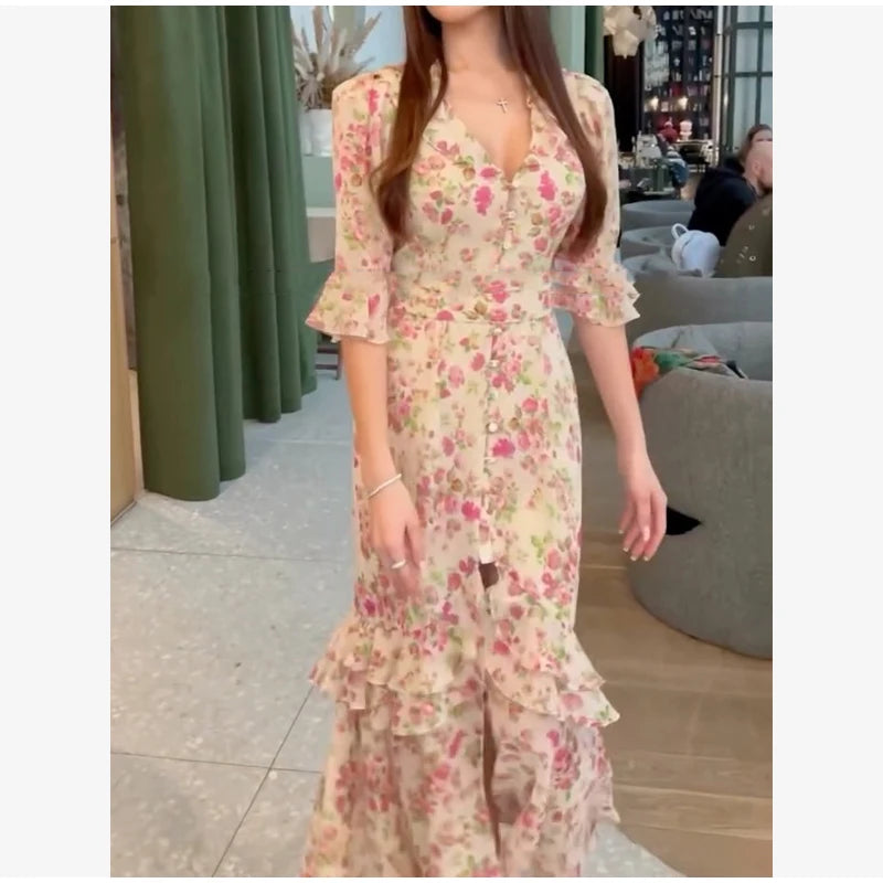 Organza Floral Printed Maxi Dress V-neck Puff Sleeve 2026 Spring/summer Romantic Women Party Gown Fashion Elegant Lady Vestido