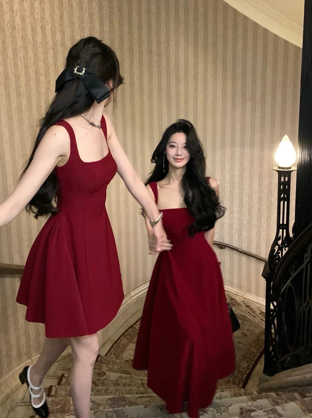 Elegant Korean Fashion Summer Evening Party Red U-neck Sling Dress Lady Casual High Waist Sleeveless Strap Mini Dress for Women