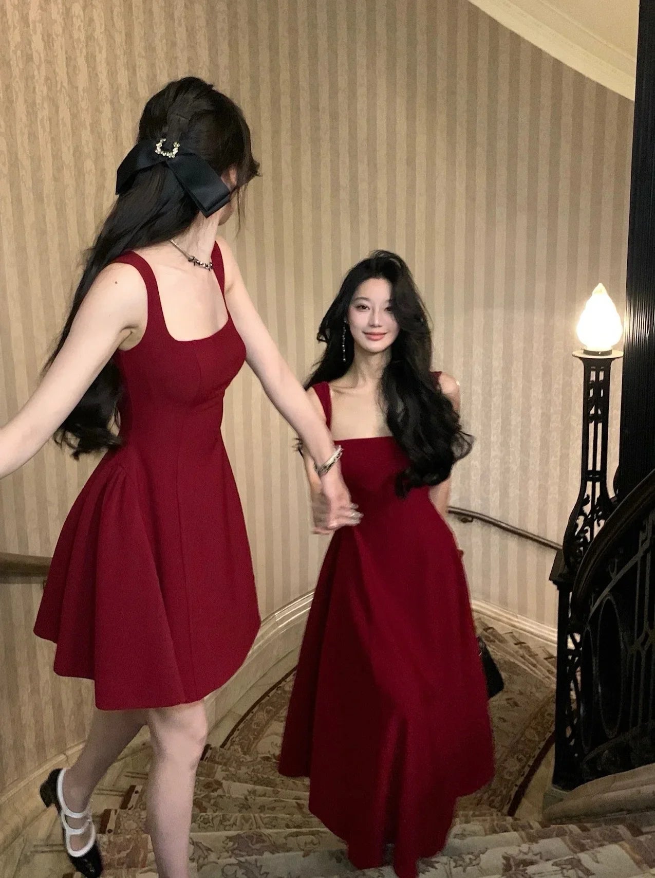 Elegant Korean Fashion Summer Evening Party Red U-neck Sling Dress Lady Casual High Waist Sleeveless Strap Mini Dress for Women