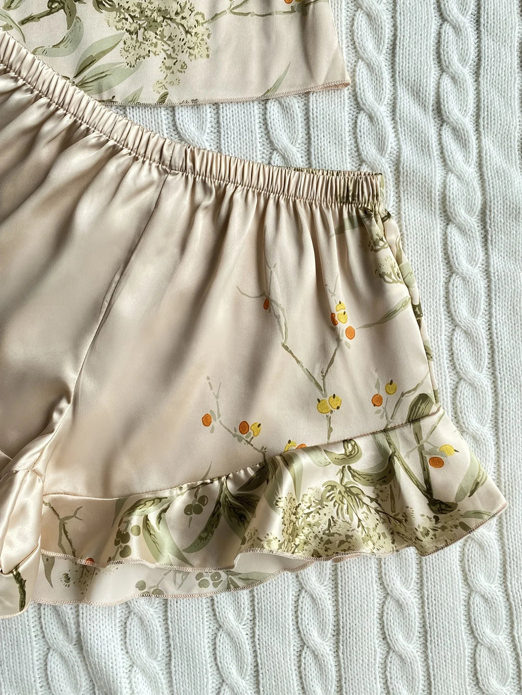 Elegant Floral Print Cami Tops Ruffle Hem Shorts Pajama Set  Women's Sleepwear Loungewear