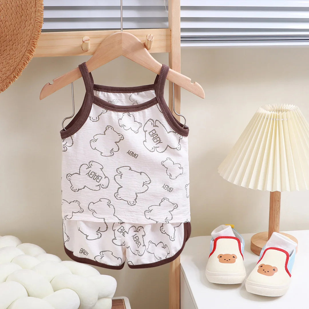 Summer Children Sling Shorts Set Fashion Flower Girls Kids Thin Breathable Pajamas Cute Cartoon Baby Toddler Home Clothes