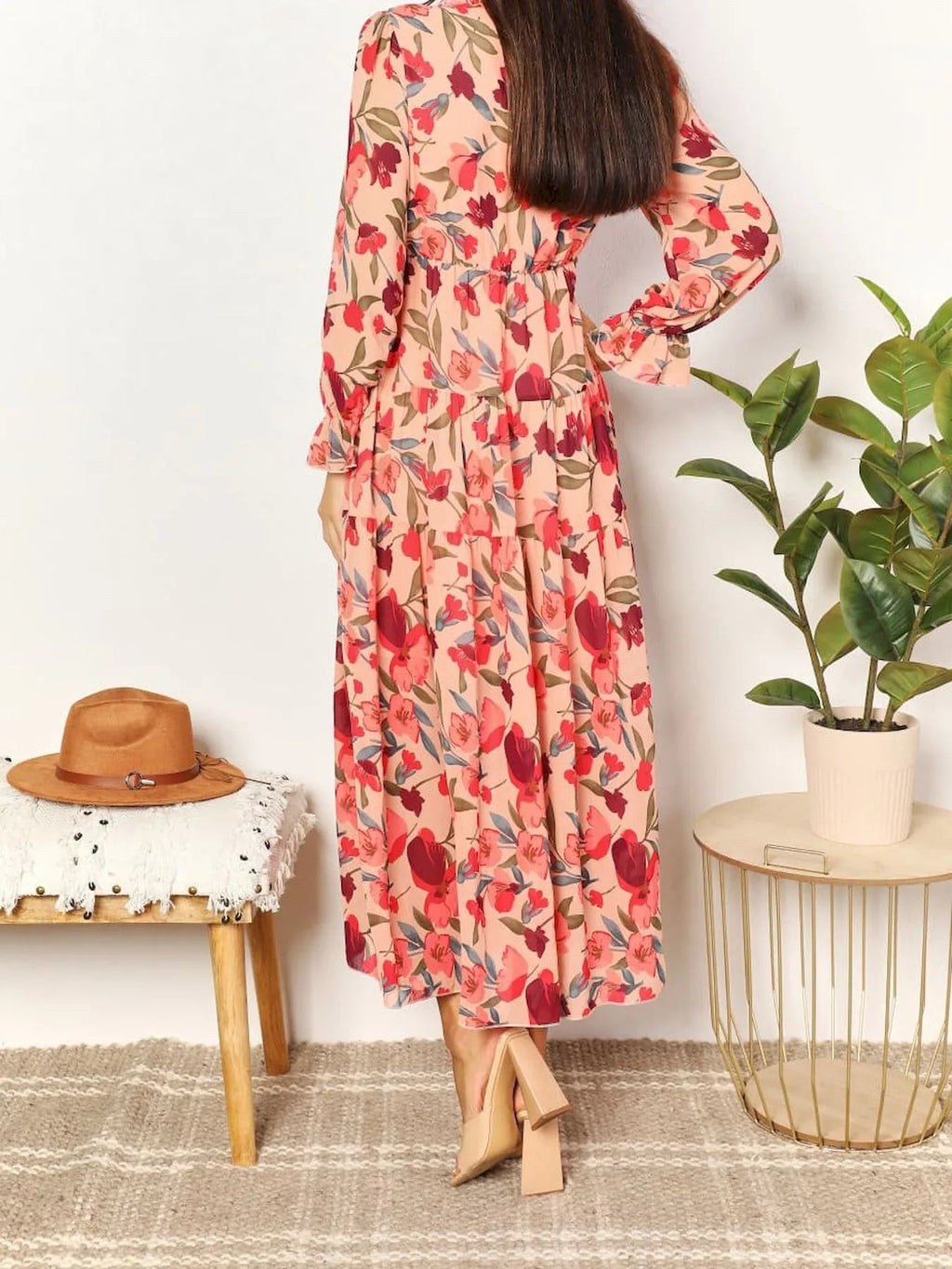 Elegant Floral Print Women Summer Casual Ruffle Layered Long Sleeved V-neck A Line Long Maxi Party Loose Boho Dresses