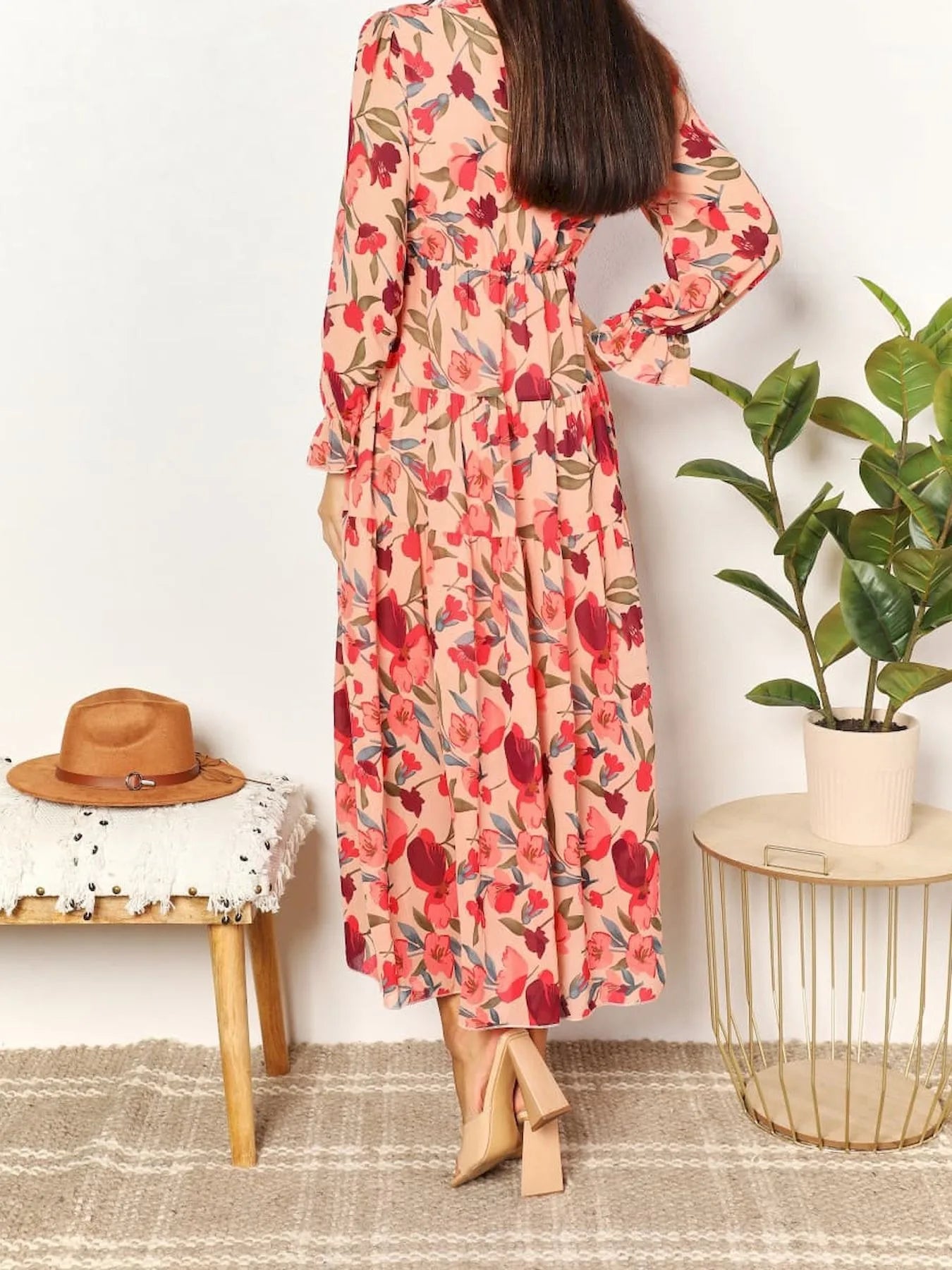 Elegant Floral Print Women Summer Casual Ruffle Layered Long Sleeved V-neck A Line Long Maxi Party Loose Boho Dresses