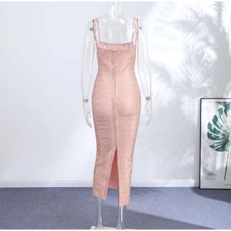 Metallic Shimmer Spaghetti Strap Sweetheart Neck Maxi Dress Bodycon Bandage For Women Night Out Party And Evening Wear